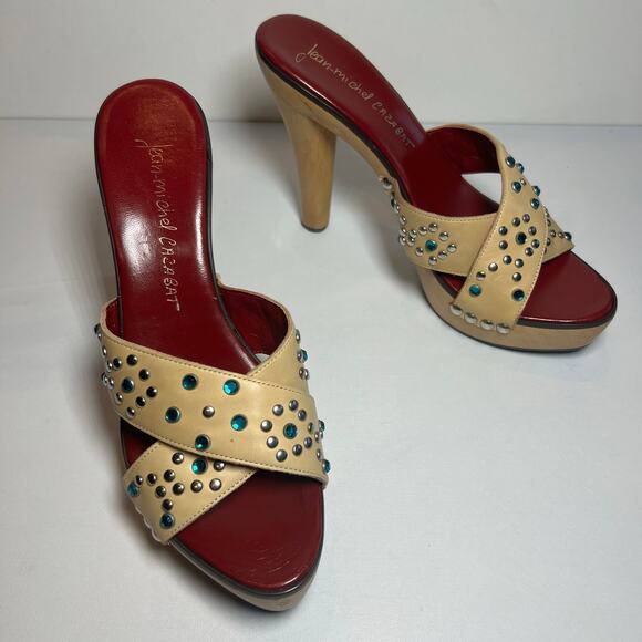 Jean-Michel Cazabat Platform Sandals Tan Leather Rhinestone 5 Inch Heel Sz 7.5 - Picture 11 of 12
